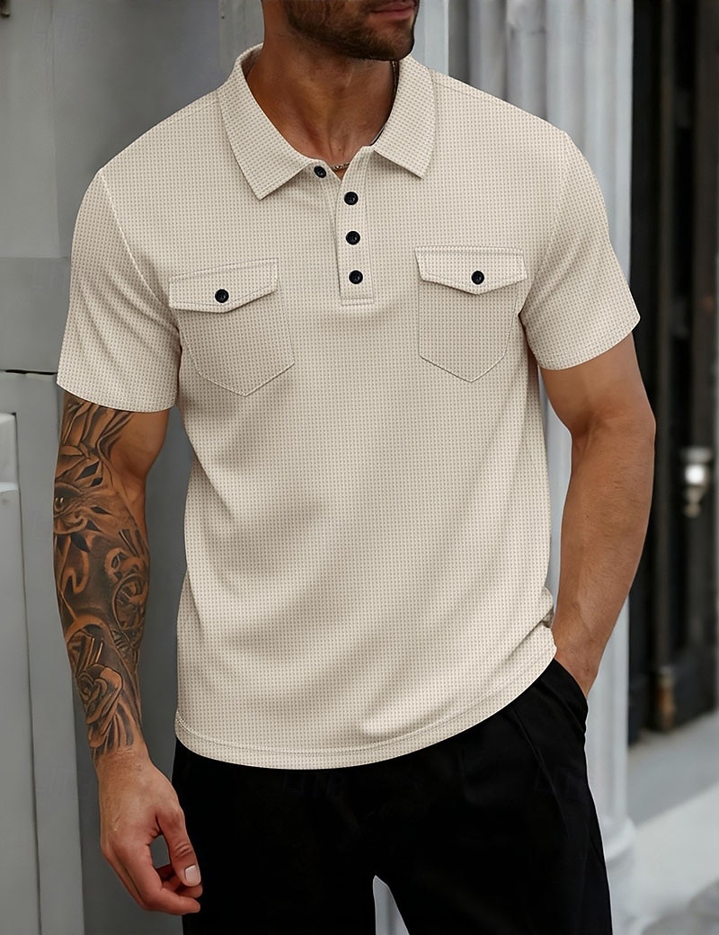 Męskie Koszulki polo waflowe Gra polo Codzienny Urlop Klapa Krótki rękaw Moda Nowoczesny Równina Guziki Przednia kieszeń Lato Wiosna Regularny Głęboka zieleń Czarny Biały Wino Khaki Szary Koszulki 2026 - $22.99 –P1