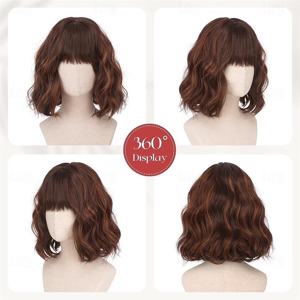 Short Wavy Golden Chestnut Brown Wig - 12 Inch Bob Wig with Bangs for Women Curly Shoulder Length Bob Wig with Bangs Soft Synthetic Hair Wigs for Girls Daily Party Use 2026 - $30.99 –P3