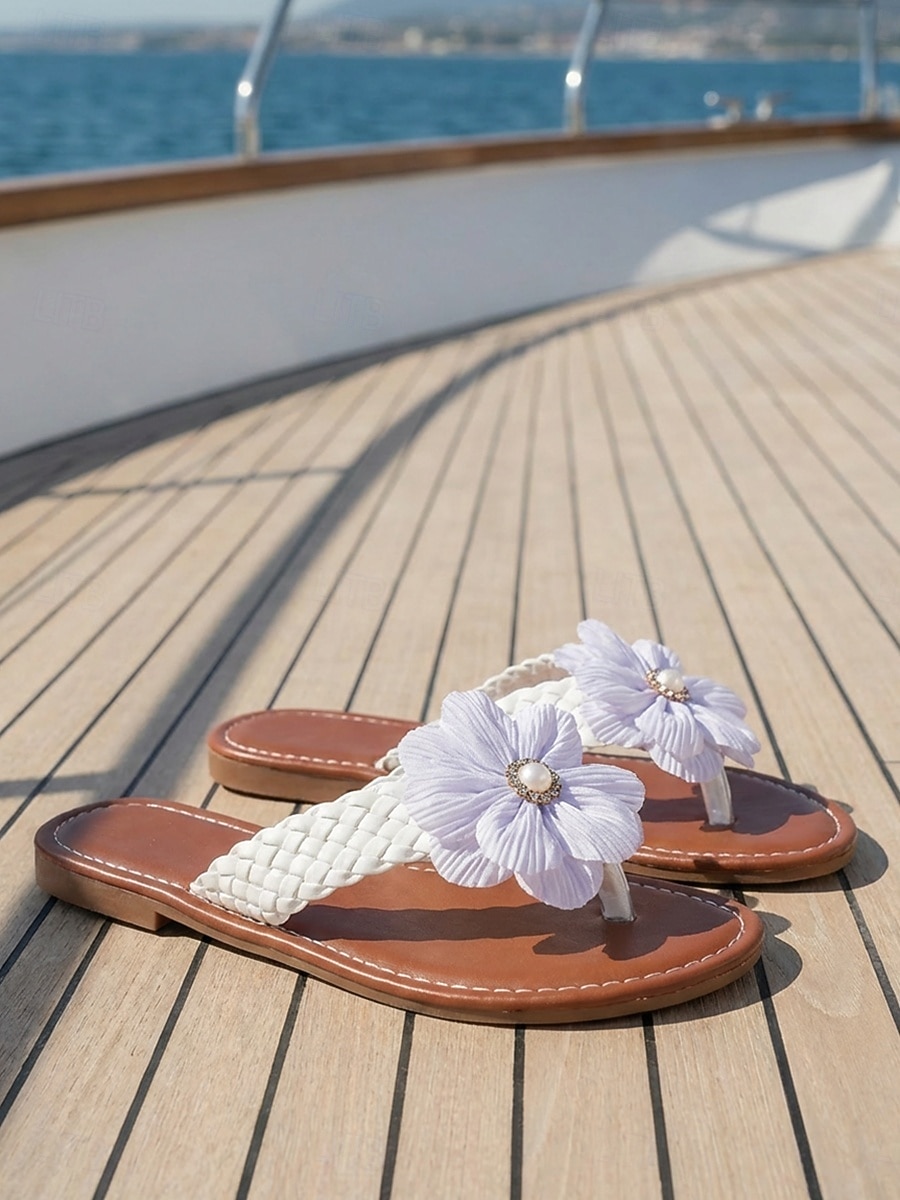 Chanclas blancas elegantes con estampado floral para mujer: cómodas sandalias de tiras trenzadas con detalles florales en 3D para viajes en crucero de lujo y fiestas en yate. &lunas de miel en islas 2026 - $24.99 –P3