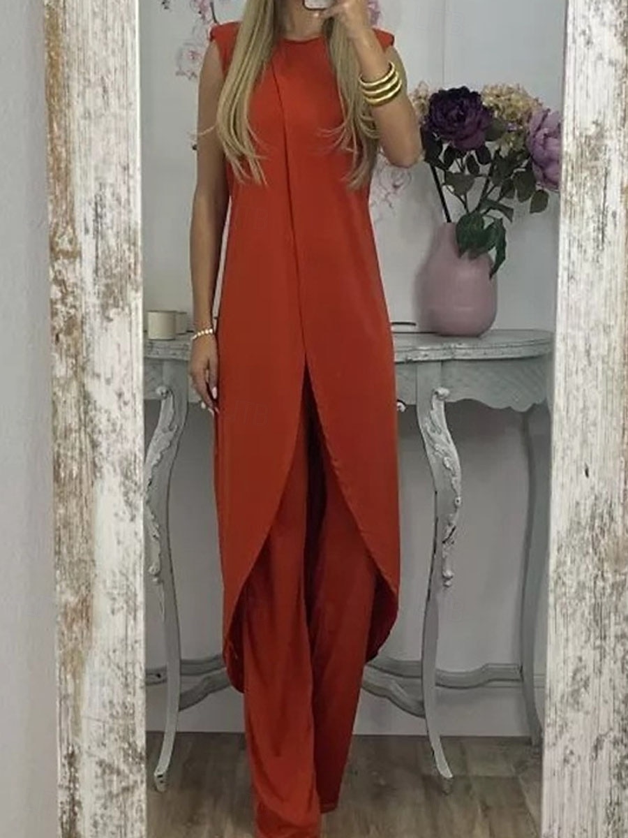 Women's Pants Sets Sleeveless Round Neck Plain Ruched Patchwork Elegant Fashion Streetwear Casual Daily Outdoor Black Red Purple Summer Loose Fit 2026 - $29.99 –P8
