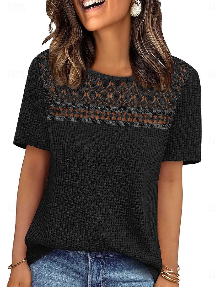 Women's Eyelet Top T Shirt Tee Top Solid Color Fashion Classic Casual Short Sleeve Crew Neck Regular Tops Daily Going out Weekend Black Red Navy Blue Khaki Summer Spring 2026 - $24.99 –P1