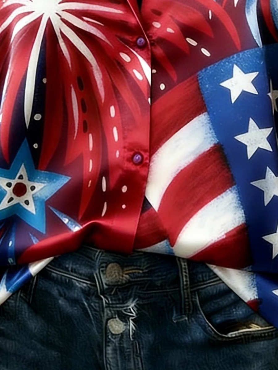 Camicia da donna in raso per il 250° anniversario dell'indipendenza americana, stampa bandiera americana, moda vintage, manica lunga, colletto, top normali, per tutti i giorni, per le vacanze, per del 2026 a $29.99 –P3