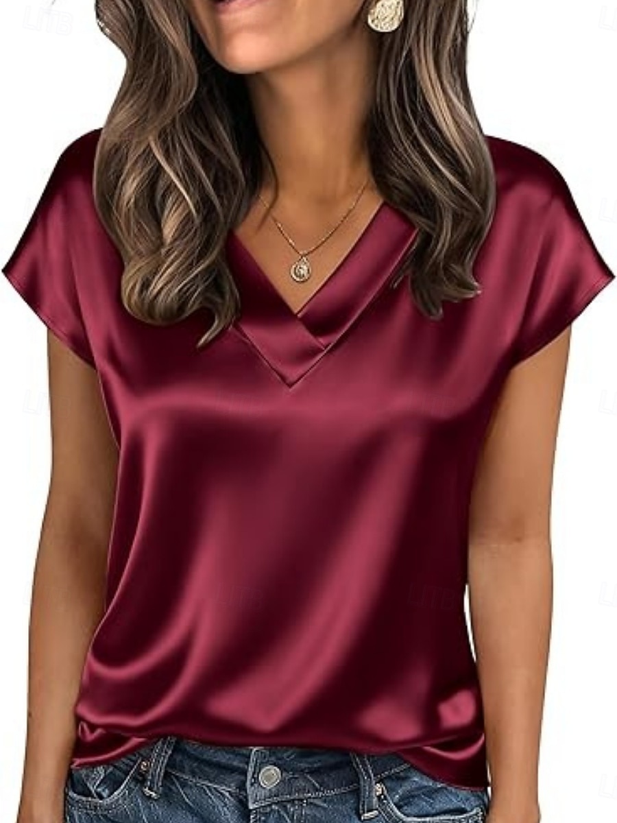 Dames satijnen top T-shirt Effen Elegant Modieus Stijlvol Korte mouw V-hals Normale tops Dagelijks Uitgaan Weekend Champagne Goud Wijn Rood Koffie Zomer Lente 2026 - $19.99 –P1