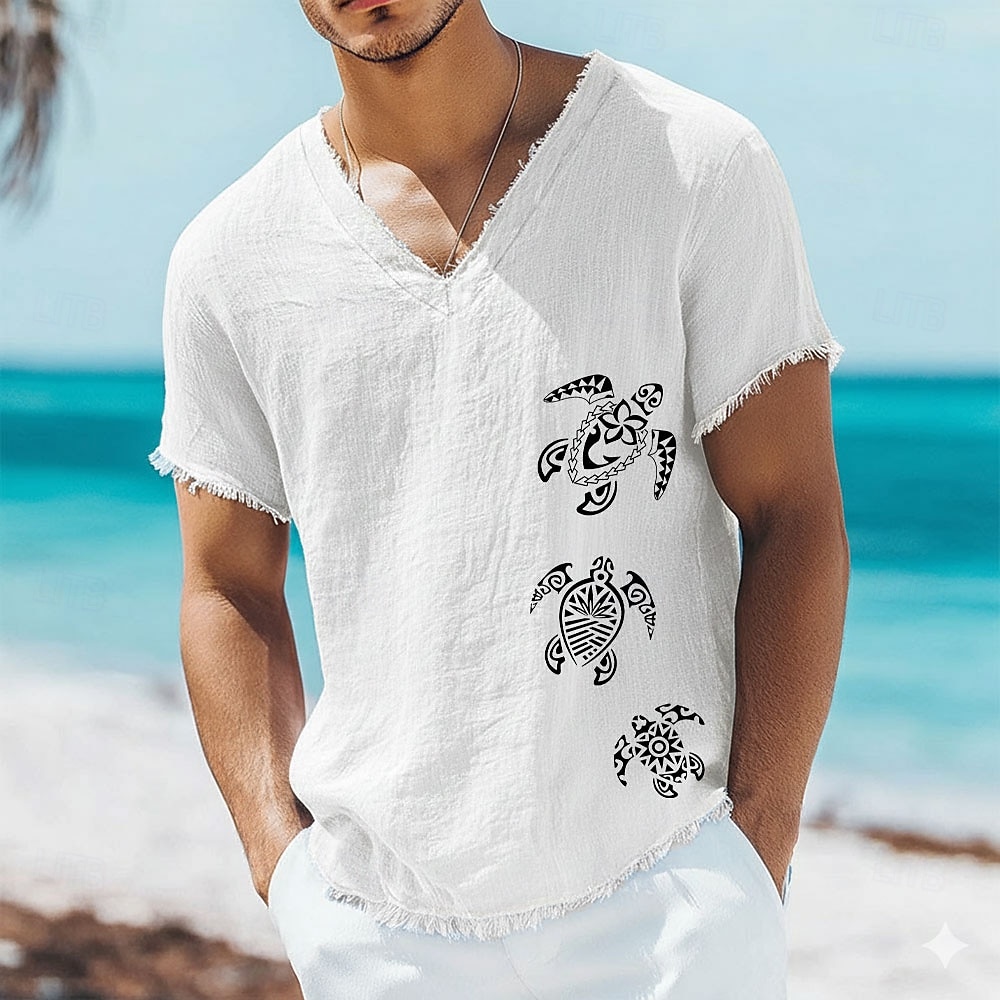 Tricou bărbătesc cu imprimeu triplu tribal de broaște țestoase marine, amestec de in și bumbac, decolteu în V, margini brute, polinezian honu, vară, plajă, vacanță, top moale, zdrențuit, la modă, 2026 - $24.99 –P5