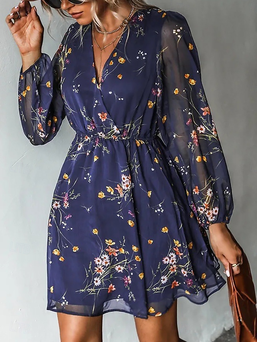 Dames Mini-jurk Casual jurk Chiffon jurk Jurk met print Elegant Modieus Modern Buiten Vakantie Uitgaan Normale pasvorm Bloemig Lange mouw V-hals blauw Zwart Leger Groen Paars Zomer Lente Herfst 2026 - $35.99 –P2