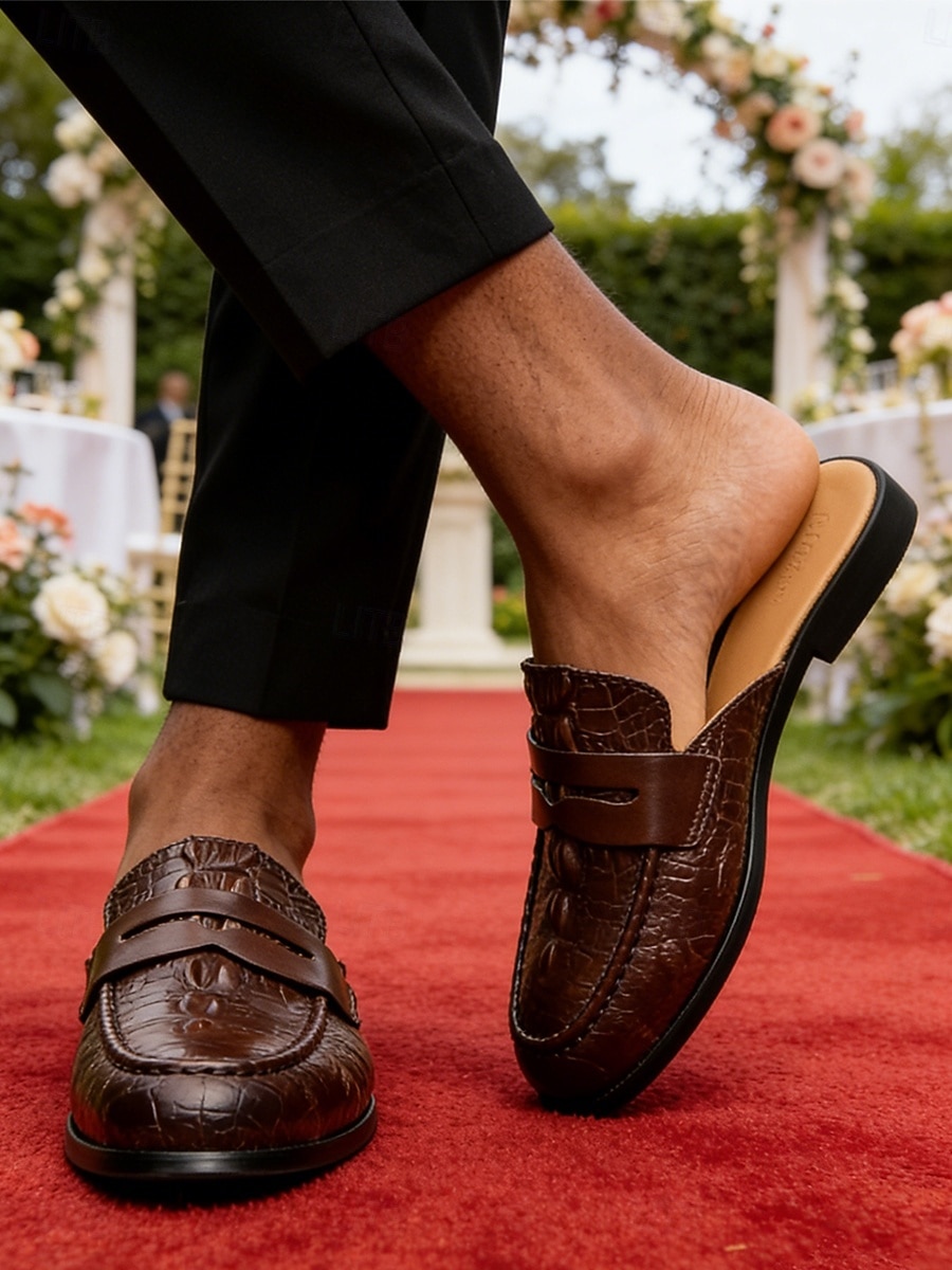 Men's Black Croc-Embossed Wedding Mule Loafers Tassel Slip-On Dress Shoes Classic Formal Backless Shoes for Groom, Groomsmen, Church Wedding, Garden