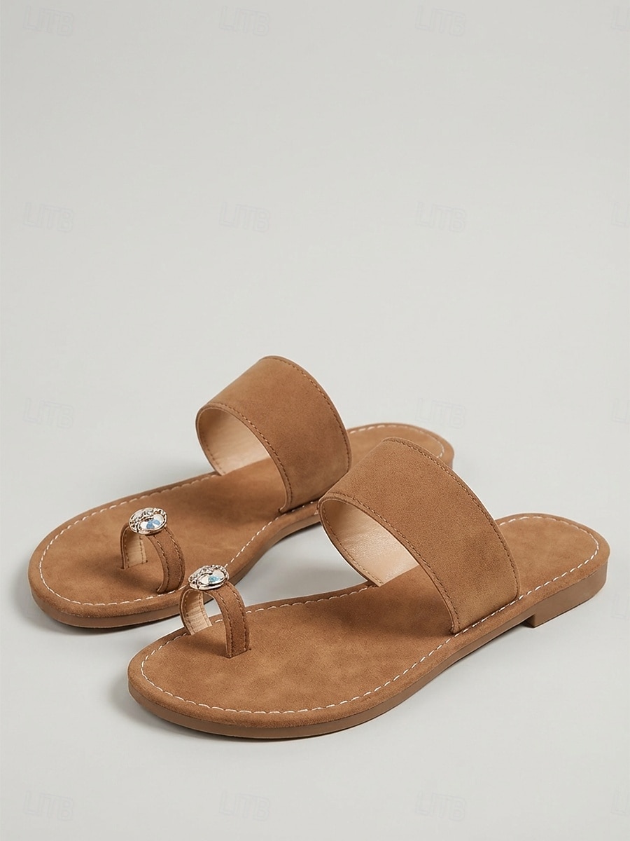 Elegantes sandalias planas de ante color camel para mujer: cómodas sandalias con tira entre los dedos y una joya de cristal extragrande, ideales para viajes en yate de lujo y escapadas a islas. &ropa 2026 - $19.99 –P4