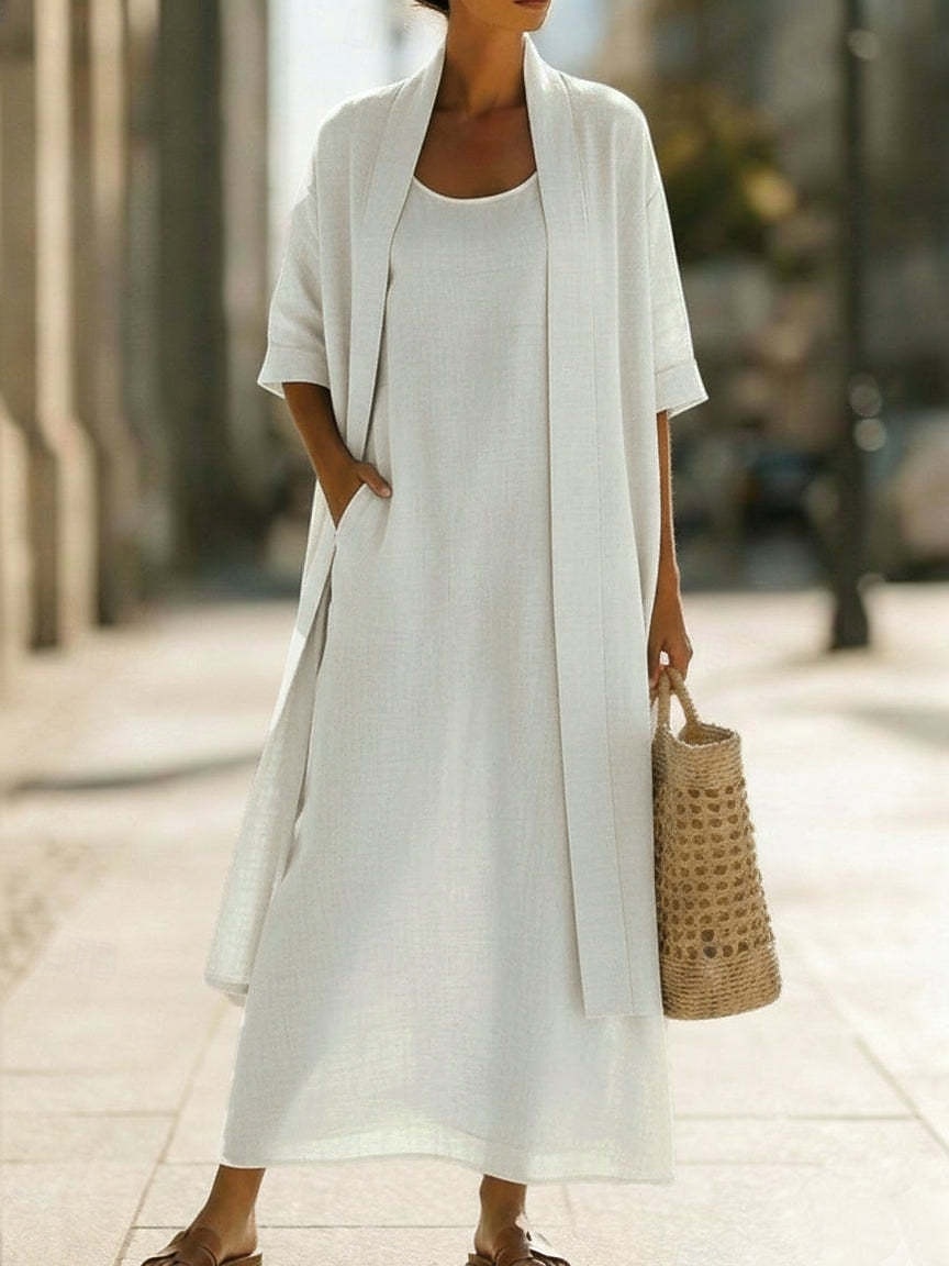 Women's Dress Set Shift Dress Elegant Plain Pocket Maxi Dress 3/4 Length Sleeve Crew Neck Daily Outdoor Blue White Pink Summer Spring Loose Fit 2026 - $51.99 –P1