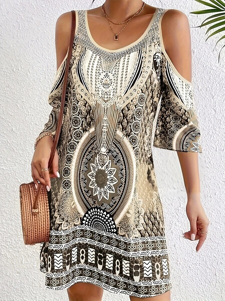 Dame Mini kjole Boho-kjole Vintage kjole Uformell kjole Elegant Mote Moderne Feriereise Ut på byen Helg Normal Geometrisk Stamme Halvlange ermer V-hals Blå Lilla Brun Grønn Sommer Vår 2026 - $25.99 –P11
