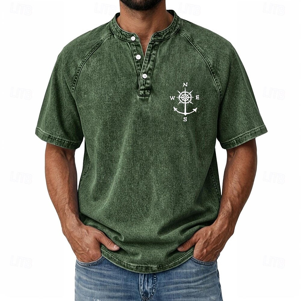 SoftFade™ Men's Demin Shirt 100% Cotton Acid Wash Shirt Henley Top Short Sleeve Vintage Distressed Casual Home Street Summer Spring Black Pink Light Green Gray Light Blue Stand Collar Henley 2026 - $31.99 –P9