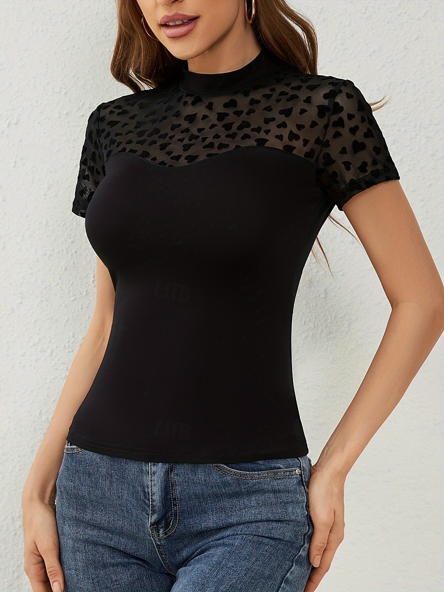 Per donna Maglietta Rete Tinta unica Moda Classico Casual Manica Corta Collo Alto Top Regolari Quotidiano Uscire Weekend Nero Estate Primavera del 2026 a $19.99 –P5