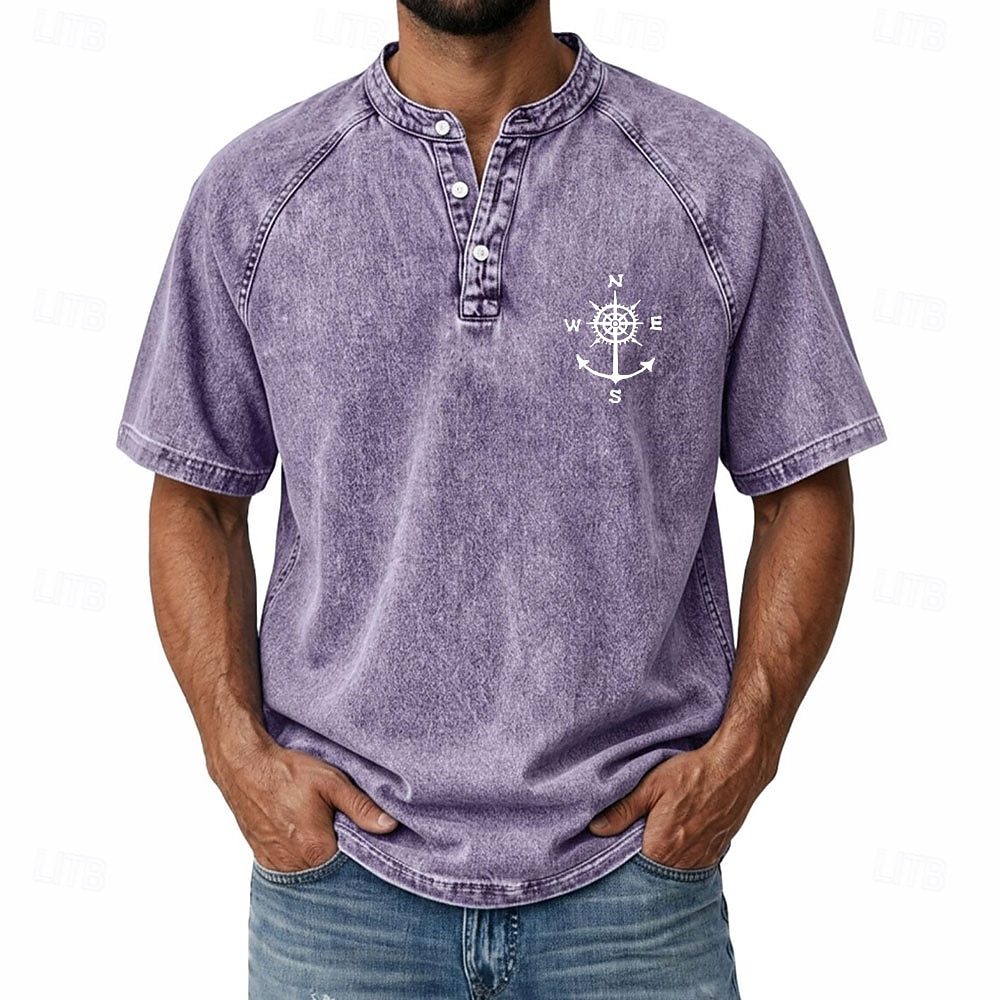 SoftFade™ Men's Demin Shirt 100% Cotton Acid Wash Shirt Henley Top Short Sleeve Vintage Distressed Casual Home Street Summer Spring Black Pink Light Green Gray Light Blue Stand Collar Henley 2026 - $31.99 –P4