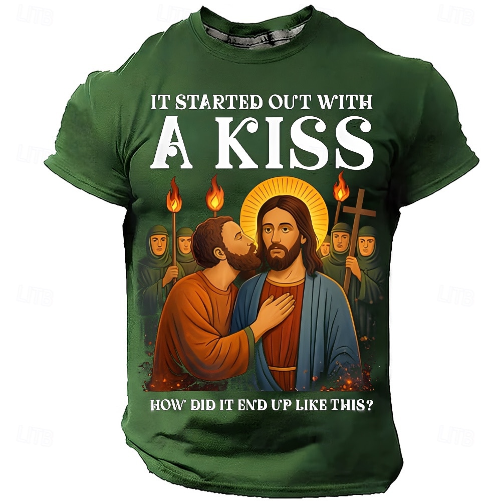 T-shirt graphique religieux drôle Bible pour hommes ça a commencé par un baiser Judas embrassant Jésus parodie religieuse T-shirt comment cela a-t-il fini comme ça drôle mème chrétien cadeau de 2026 ? $21.99 –P2