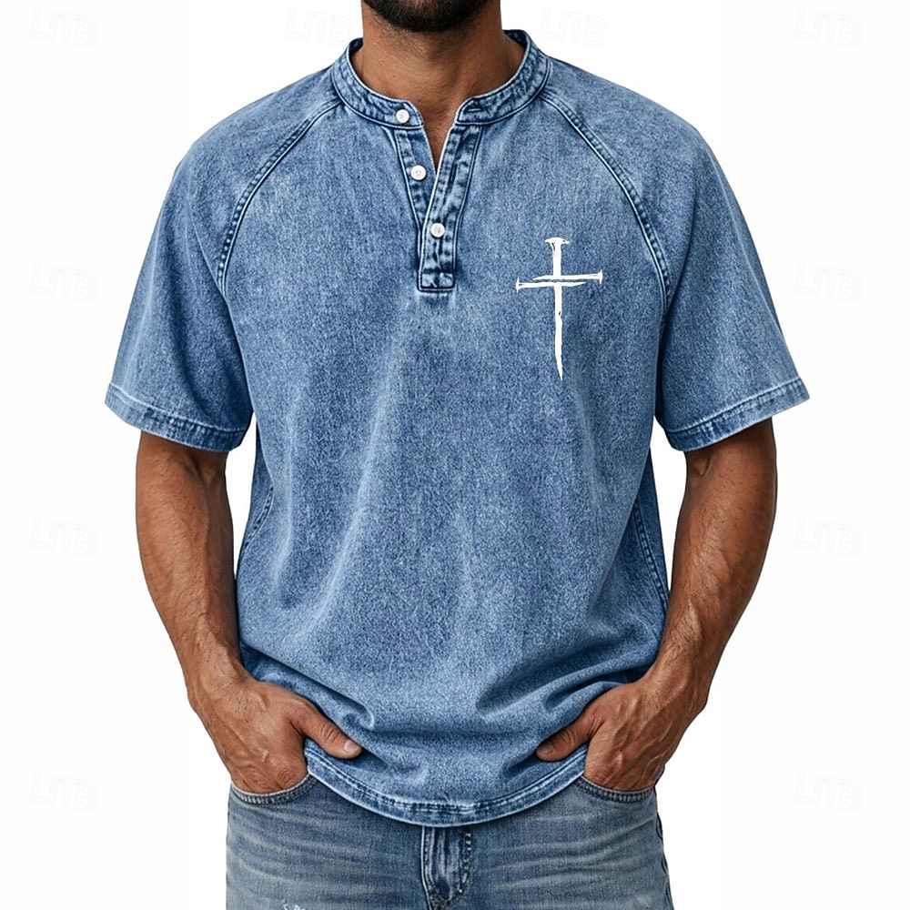 Herren Kreuz Jeans hemden Hemd aus 100 % Baumwolle in Säurewaschung Henley Oberteil Kurzarm Vintage Lässig Betrübt Lässig Heim Straße Frühling & Sommer Herbst Winter Sommer Schwarz Rosa Leicht Grün 2026 - $31.99 –P2