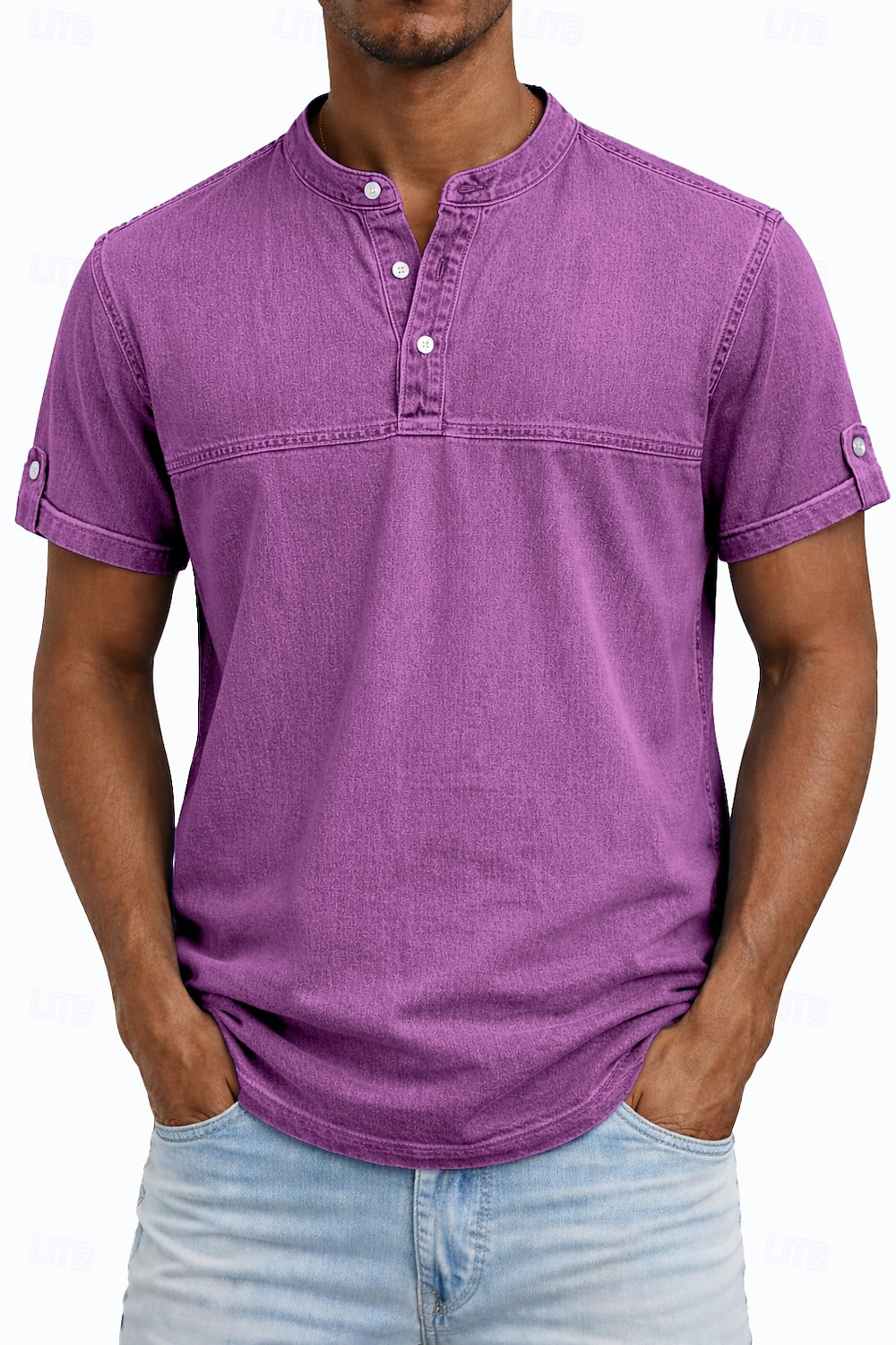 Pánské Tričko Henley Košile ze 100% bavlny Krátký rukáv Bez vzoru Retro Na běžné nošení Retro styl Barvení oděvů Vyprané Henley Ležérní Jaro léto Léto Jaro Fialová Tričko Henley 2026 - $31.99 –P4