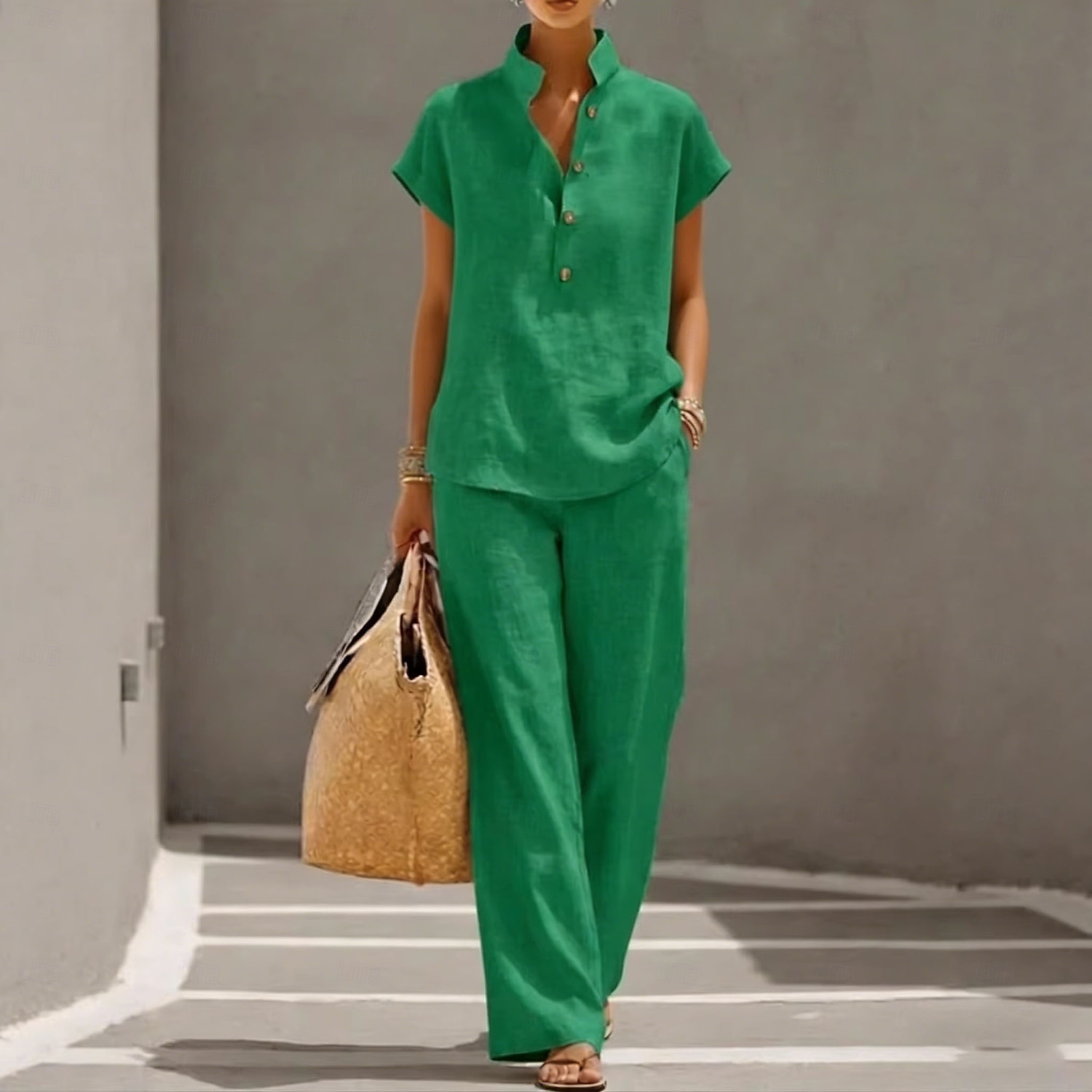 Pentru femei Seturi de pantaloni In din bumbac artificial Manșon scurt Guler de stand Culoare solidă Modă Șic Stradă Casual Zilnic În aer liber Albastru piscină Galben Trifoi Primavara vara Potrivire 2026 - $17.49 –P5