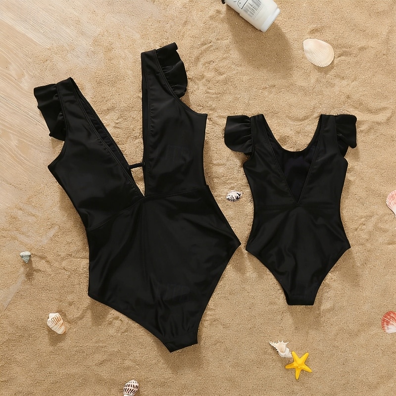 Mommy and Me Swimsuit Jumpsuit Solid Color Casual Ruched Black Pink Sleeveless Active Matching Outfits 2026 - $28.99 –P2