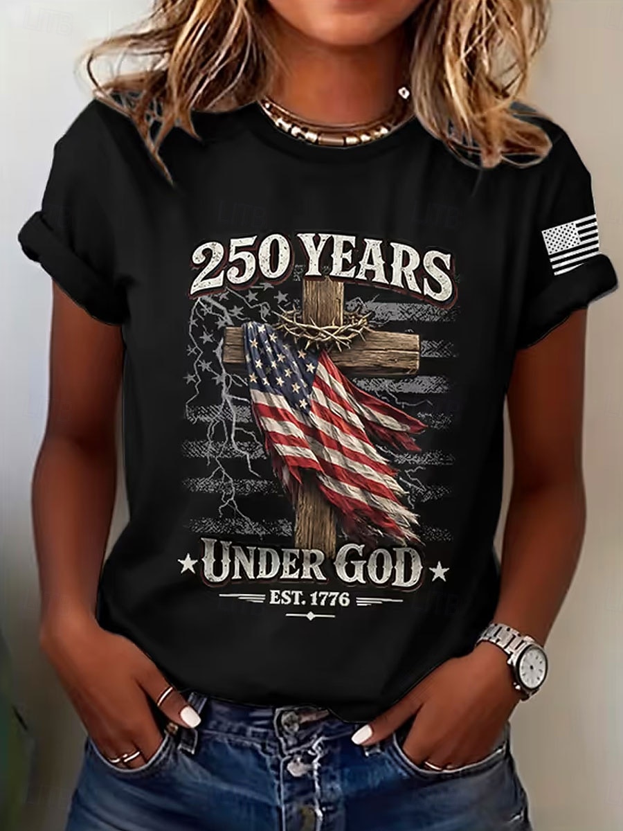 Giorno dell'Indipendenza Americana Per donna Maglietta Stampato Grafico Lettera Vintage Elegante Classico Manica Corta Girocollo Top Regolari Quotidiano Blu Nero Bianco Rosso Estate Primavera del 2026 a $22.99 –P2