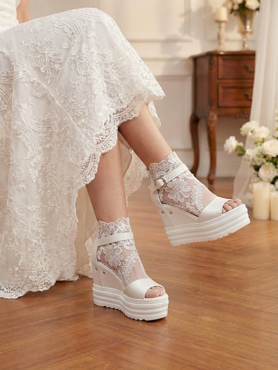 damskie białe koturny na platformie z odkrytymi palcami – stylowe buty ślubne na miejskie wesela 2026 - $34.99 –P1