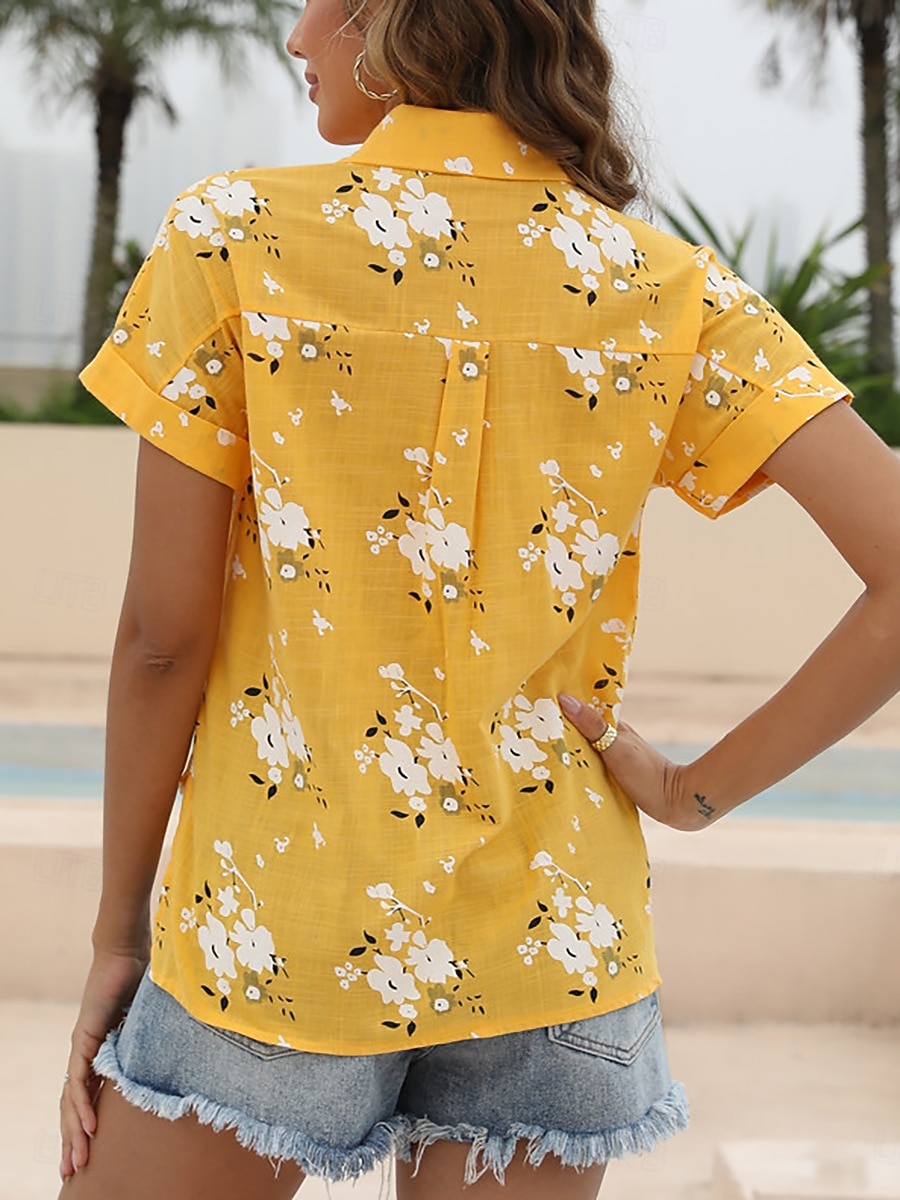 Жен. Рубашка Блуза Искусственный хлопок и лен Пэчворк Пуговицы С принтом Цветочный принт Графика Винтаж Стиль Классика С короткими рукавами Рубашечный воротник Обычные топы 2026 - $21.99 –P3