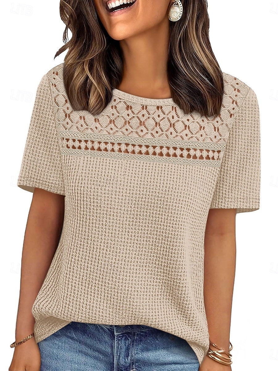 Women's Eyelet Top T Shirt Tee Top Solid Color Fashion Classic Casual Short Sleeve Crew Neck Regular Tops Daily Going out Weekend Black Red Navy Blue Khaki Summer Spring 2026 - $24.99 –P9