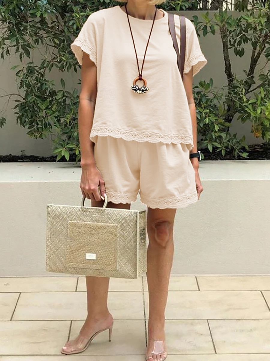 Women's Cotton Blend Shorts Sets Short Sleeve Round Neck Plain Patchwork Lace Trims Elegant Fashion Streetwear Casual Daily Outdoor Black Purple Khaki Summer Regular Fit 2026 - $37.99 –P1