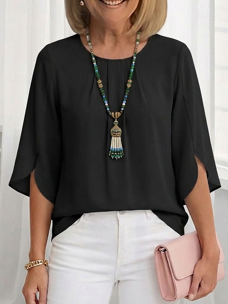 Dames Blouse Chiffon-topjes Met ruches Effen Actief Stijlvol Halve mouw Strakke ronde hals Normale tops Dagelijks Feestdagen Uitgaan Zwart Wit Lichtgroen Wijn Marineblauw Zomer Lente 2026 - $21.99 –P4