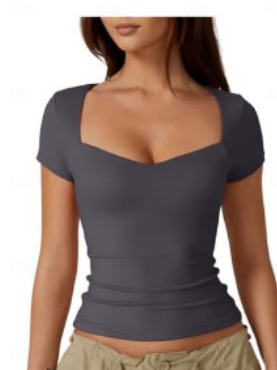 Women's T Shirt Tee Top Solid Color Stylish Basic Classic Short Sleeve V Neck Regular Tops Daily Going out Weekend Black White Wine Brown Dark Gray Summer Spring 2026 - $12.99 –P4