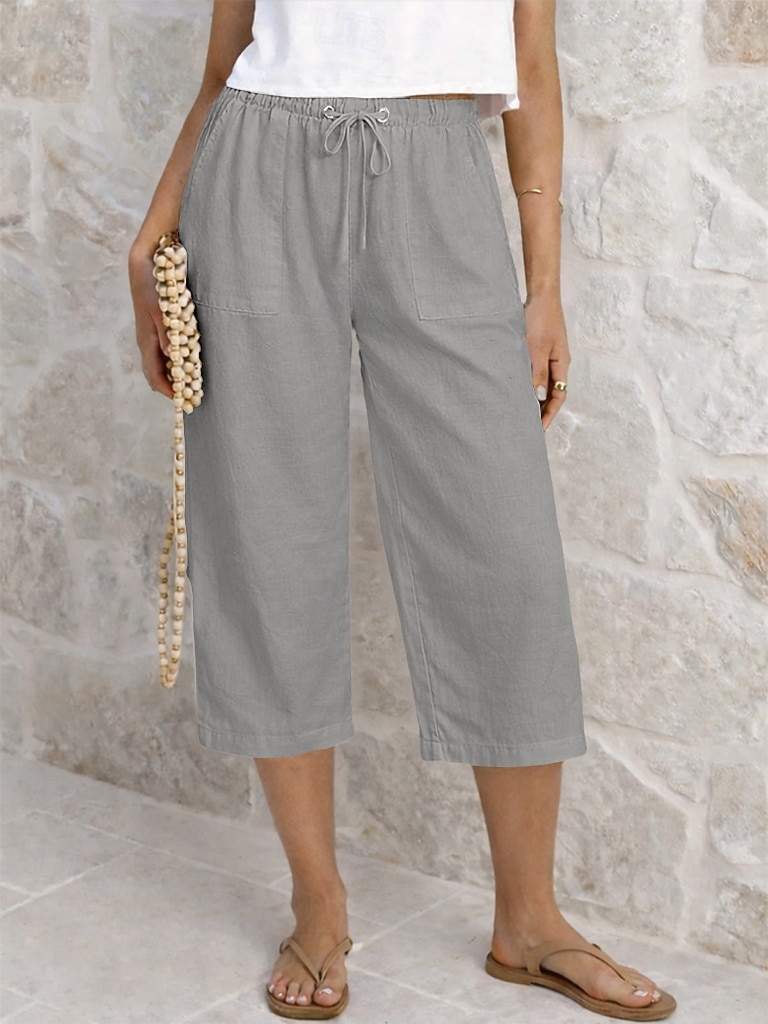Dam Capribyxor Sommarshorts Beskurna byxor Capri byxor i linne Mode Grundläggande Vadlängd Medium Midja Slät Snörning Ficka Elastisk midja Lättvikt Andningsfunktion Oelastisk Semester Gata Dagliga 2026 - $22.99 –P9