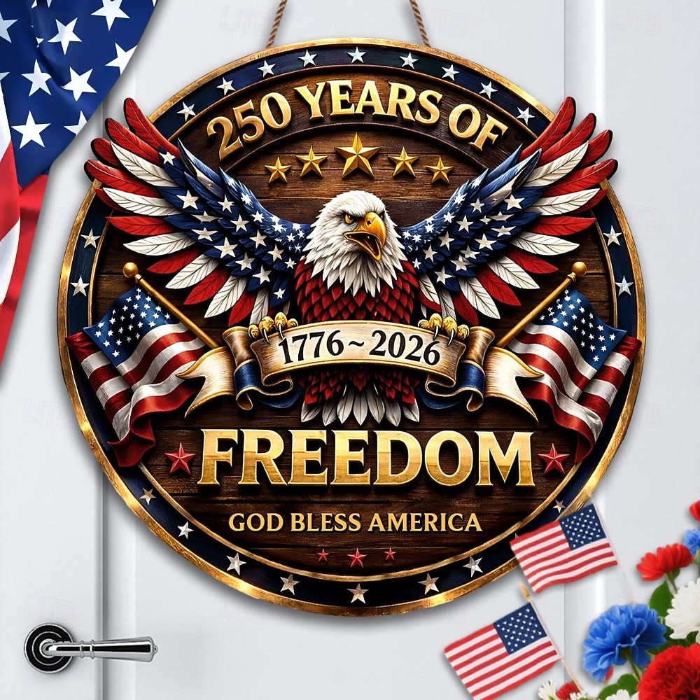 U.S. 250th Anniversary Wood Sign Patriotic Door Hanger, God Bless America Independence Day Decor with Eagle, Liberty Bell & Statue of Liberty, 1776–2026 4th of July Front Door Decoration 2026 - $25.99 –P1