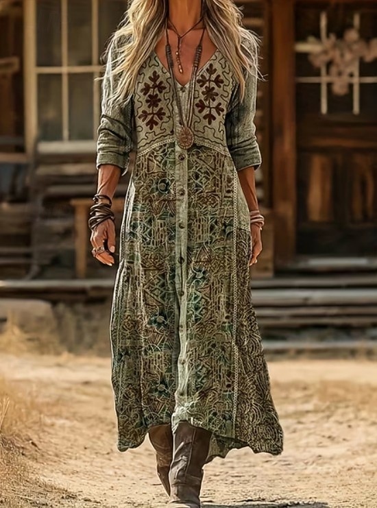 Damskie Sukienka maxi Sukienka Boho Zabytkowa sukienka Codzienne sukienki Zabytkowe Codzienny Na zewnątrz Urlop Luźna Kwiaty Długi rękaw W serek Zielony Wiosna Jesień 2026 - $37.99 –P1