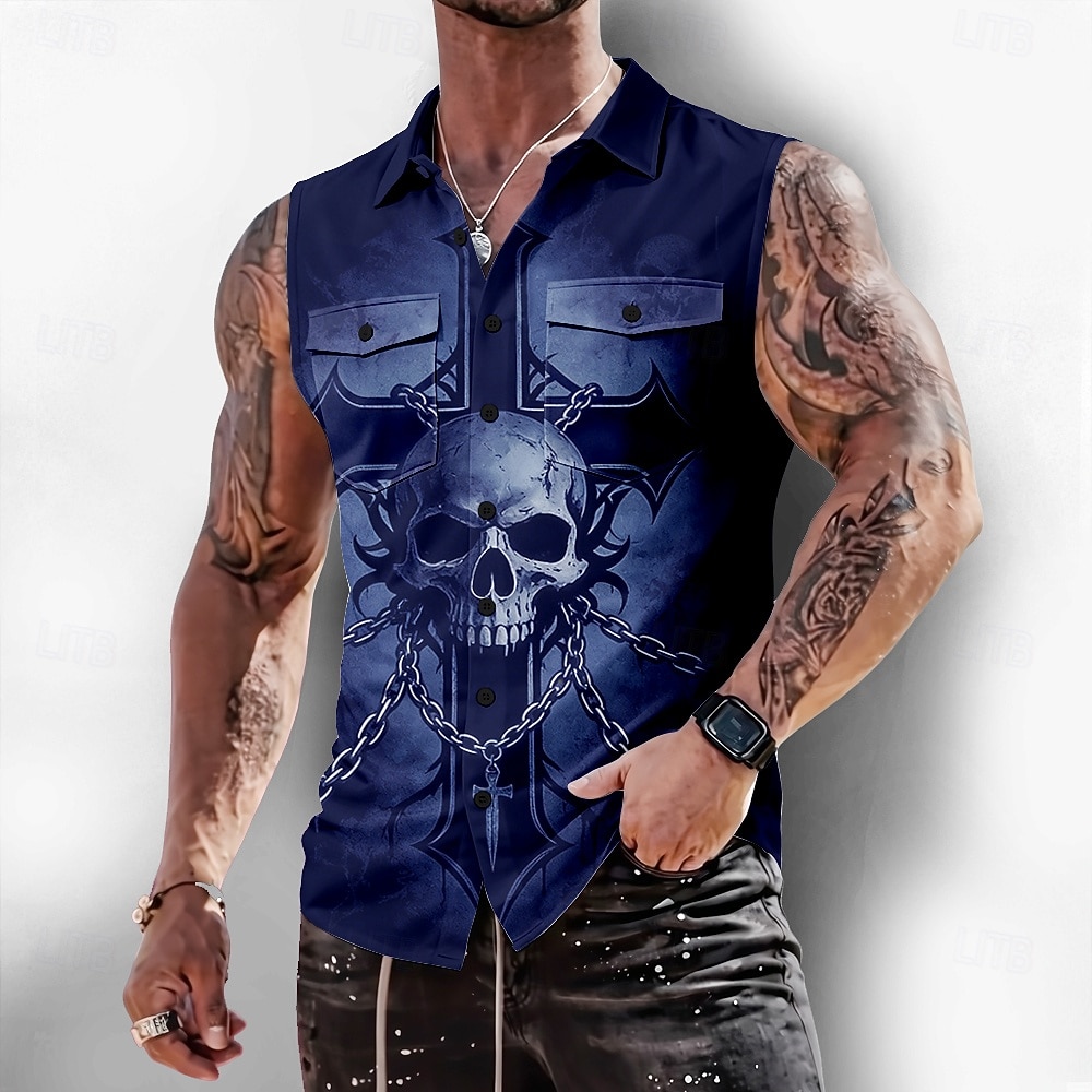 Herren Gothic-Horror Kreuz Totenkopfe Hemd Knopfhemd Ärmelloses Shirt Ärmellos Dunkler Gothic-Stil Outdoor Lässig Sommer Frühling Umlegekragen 3D-Druck Zwei Fronttaschen Blau Schwarz Purpur Braun 2026 - $25.99 –P2