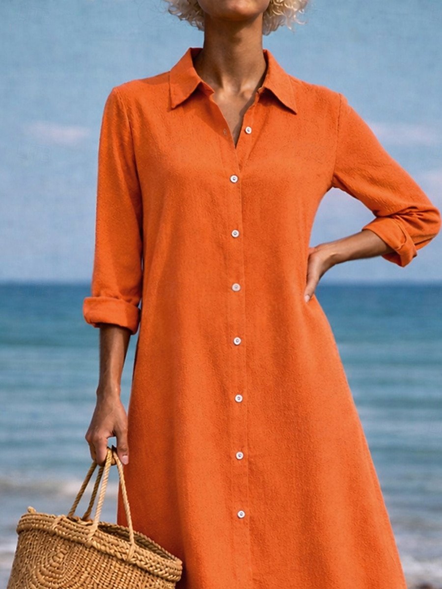 Damskie Sukienka midi Sukienka koszulowa Codzienne sukienki Sukienka A line Sukienka z imitacji lnu Moda Podstawowy Nowoczesny Codzienny Urlop Wyjściowe Regularny Równina Długi rękaw Kołnierzyk 2026 - $26.99 –P5