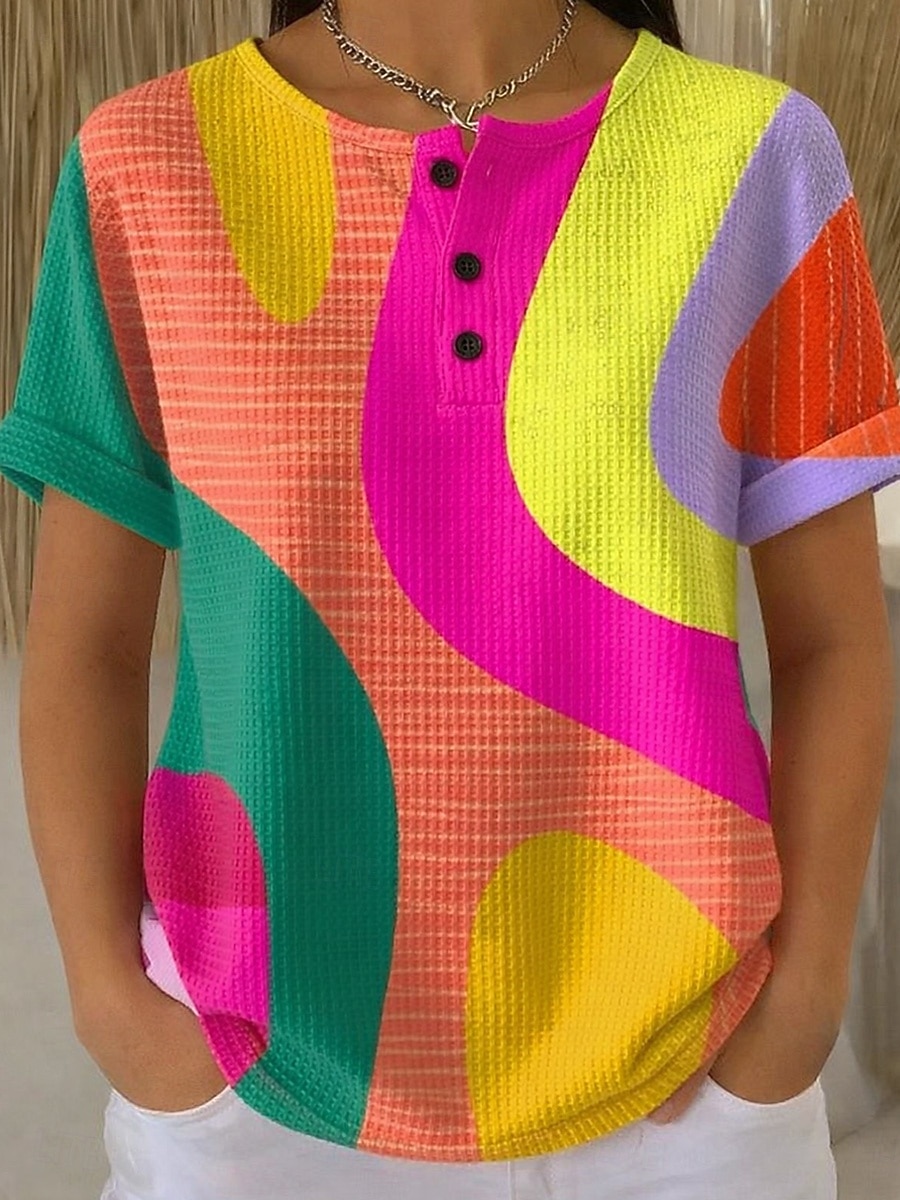 Γυναικείο Waffle T Shirt Χρώμα Μπλοκ Εκτύπωση Γραφικό Γεωμετρικό Αφηρημένο Vintage Κομψό Κλασικό Βραχύ Μανίκι Crew Neck Μακριά Μπλουζάκια Καθημερινά Μπλε Μαύρο Κίτρινο Ροζ Σκούρο Μπλε Καλοκαίρι Άνοιξη 2026 - $9.99 –P7