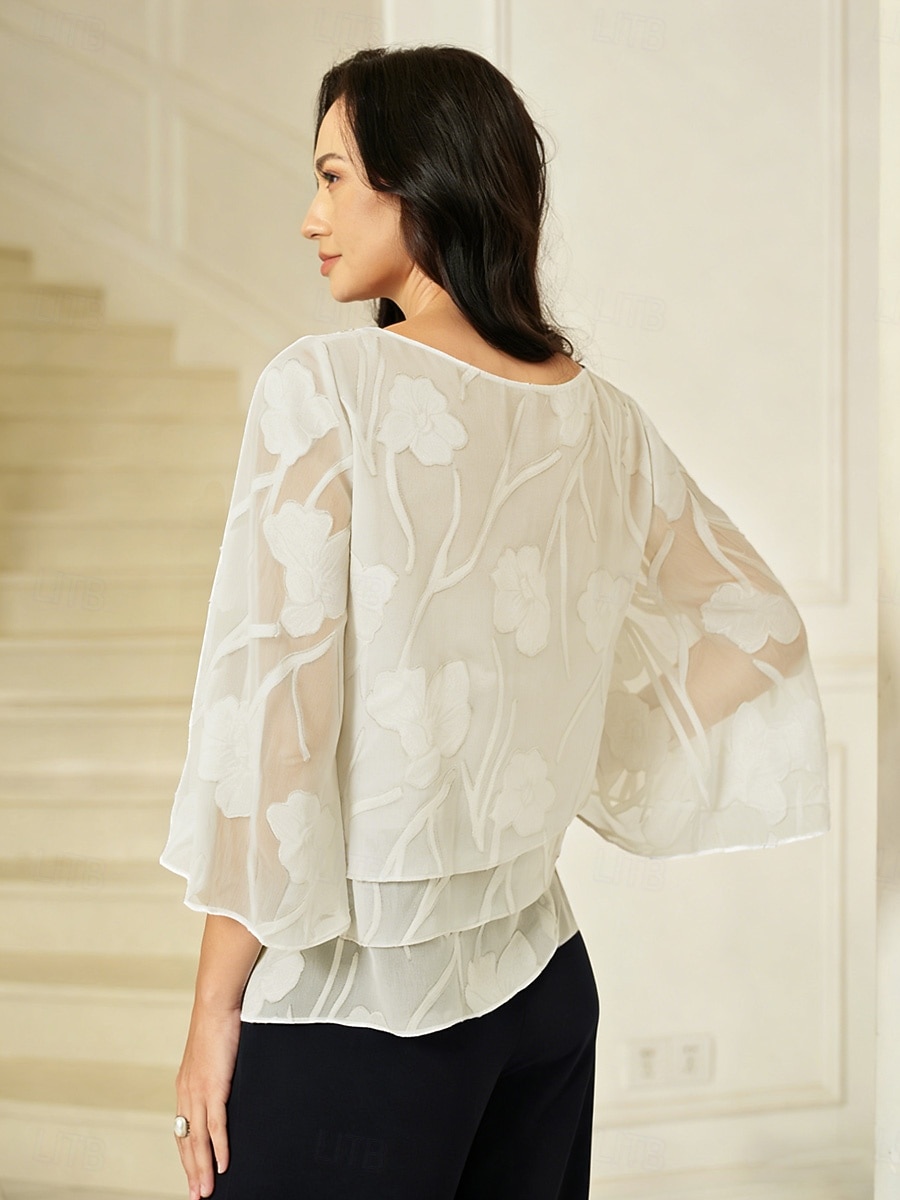 Dame Tunika Bluse Blonde topper Blonde Asymetrisk kant Blomstret Elegant 3/4 ermer Klokke Crew-hals Vanlige topper Daglig Bryllupsgjest Beige Sommer Vår Høst 2026 - $59.99 –P2