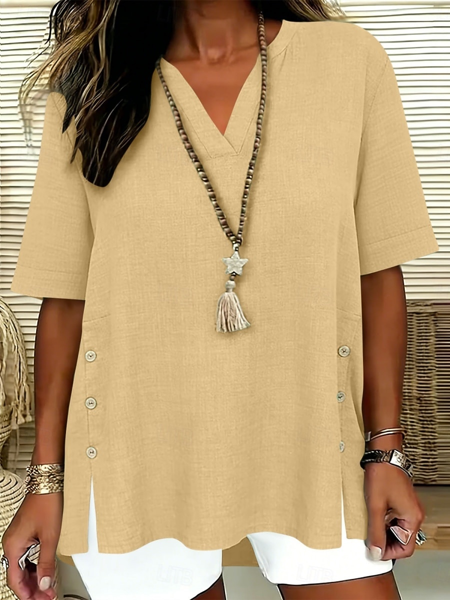 Dames Overhemden met linnenlook Blouse Overhemd van imitatie linnen Knop Effen Kleur Dagelijks Stijlvol Basic Halve mouw V-hals Normale tops Dagelijks blauw Zwart Geel Rood Paars Zomer Lente Herfst 2026 - $22.99 –P3