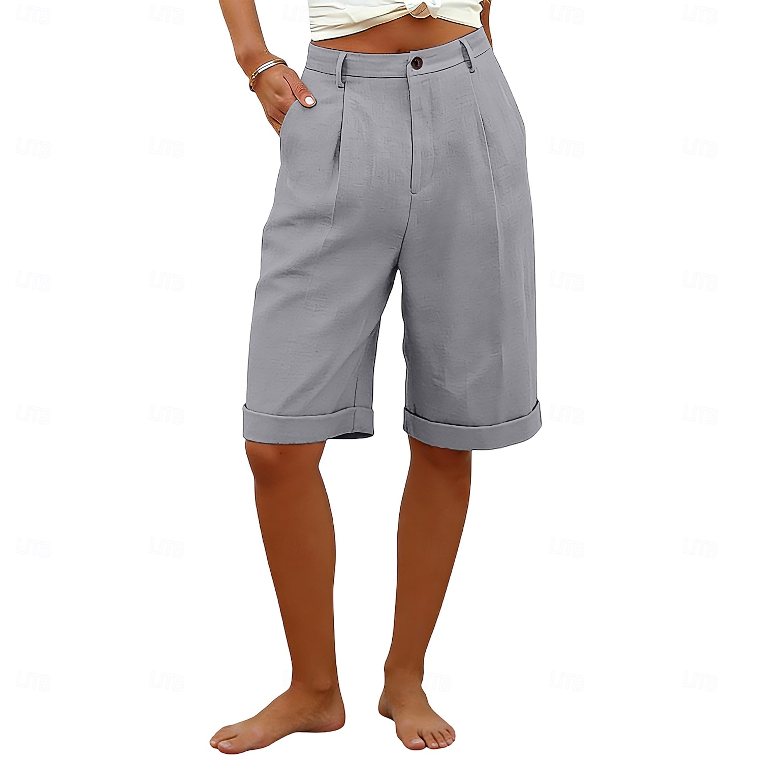 Dame Capri-bukser Shorts Lin Shorts Dress Shorts Ferie Mote Grunnleggende Knelengde Middels midje عادي Lomme Elastisk midje Rett ben Lettvekt Bekvem Pustende Uelastisk Daglig Gate Ferie Svart Hvit 2026 - $22.99 –P3