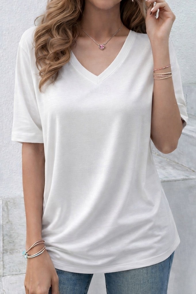 2026年 女性用 オーバーサイズ Tシャツ 純色 エレガント スタイリッシュ カジュアル 半袖 Ｖネック ロングトップス 日常 お出かけ ブラック ホワイト イエロー グレー ライトブルー 夏 春  コレクション – $19.99 –P1