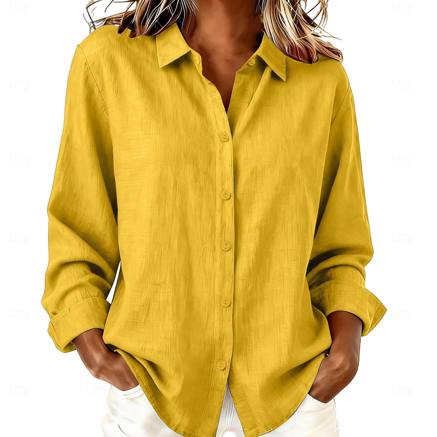 Mujer Blusa Camisa de lino sintético Botones Color sólido Diario Casual Manga Larga Escote en Pico Tops regulares Diario Azul Piscina Blanco Amarillo Rosa Gris Verano Primavera Otoño 2026 - $33.99 –P5
