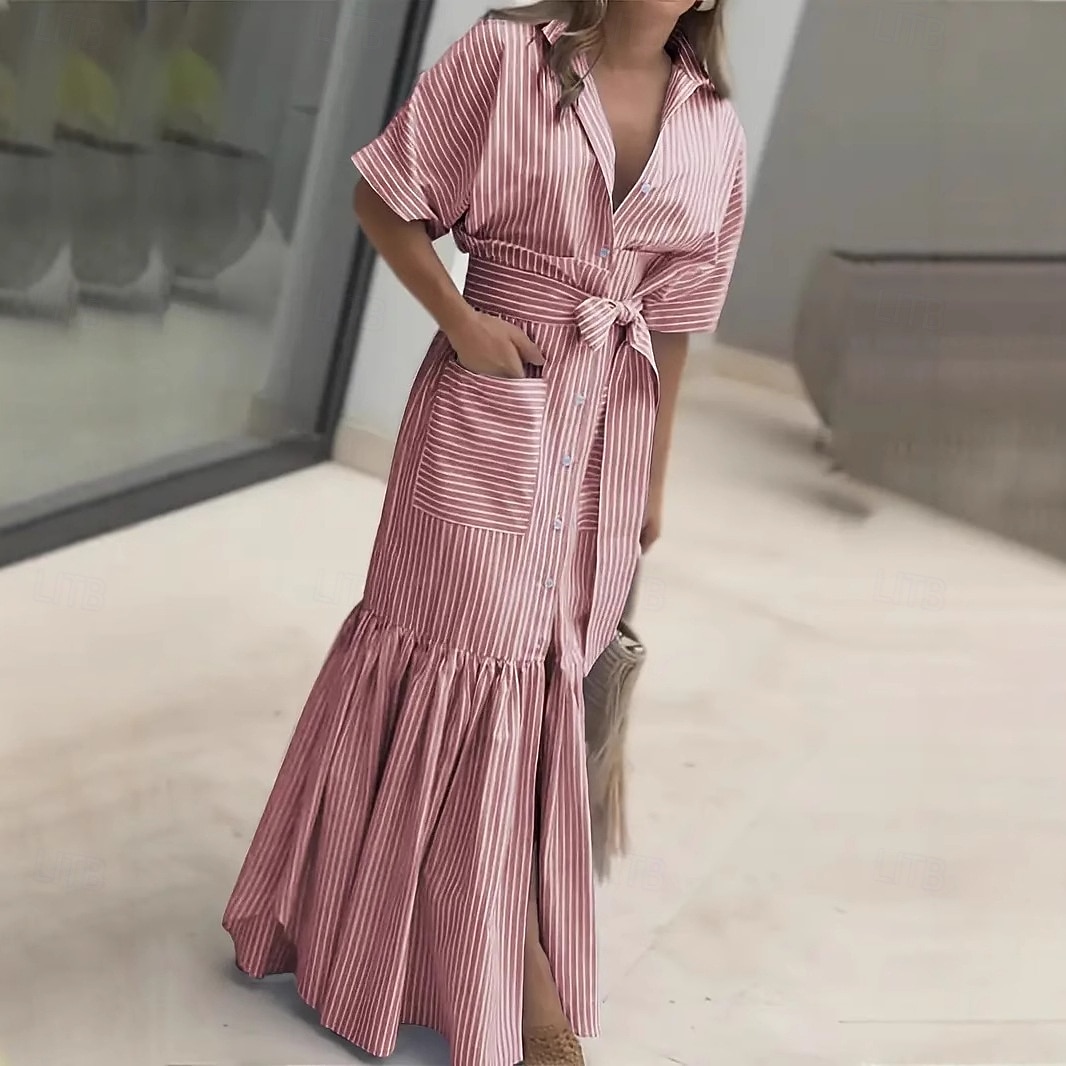 Mujer Vestido maxi Vestido informal Vestido de una línea Elegante Playa Ajuste regular Graphic Raya Manga Corta Cuello Camisero Azul Piscina Negro Rosa Rojo Verano Primavera 2026 - $43.99 –P5