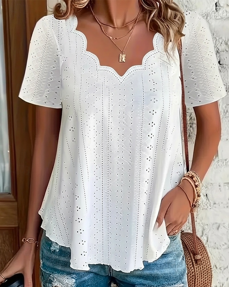 Women's Pointelle Shirt Eyelet Top Blouse Eyelet Plain Active Basic Casual Short Sleeve V Neck Regular Tops Casual Daily Beach Black White Yellow Pink Wine Summer Spring 2026 - $8.99 –P1