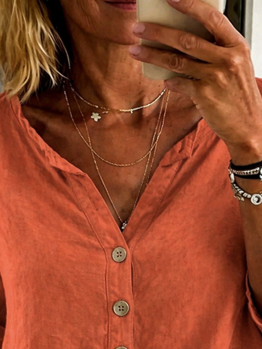 Mujer Blusa Encaje Botones Color sólido Elegante Casual Manga 3/4 Escote en Pico Tops regulares Diario Azul Piscina Negro Blanco Rosa Naranja Primavera Otoño 2026 - $27.99 –P3