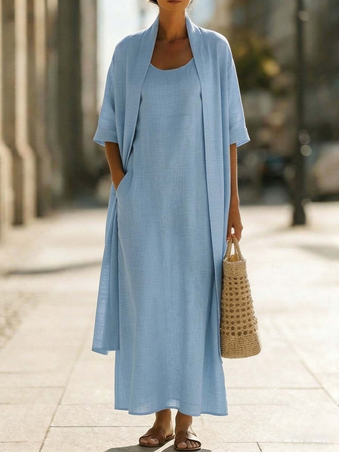 Women's Dress Set Shift Dress Elegant Plain Pocket Maxi Dress 3/4 Length Sleeve Crew Neck Daily Outdoor Blue White Pink Summer Spring Loose Fit 2026 - $51.99 –P3