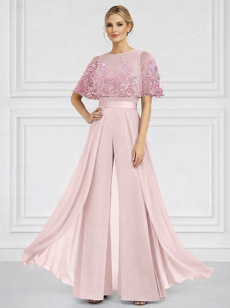 Traje de pantalón Hasta el Suelo Vestido formal Vestido de Madrina Manga Corta Cuello Barco Elegante Sencillo Embellecido Formal Invitado a la boda Iglesia Gasa con Cuentas Apliques 2026 - $182.99 –P4
