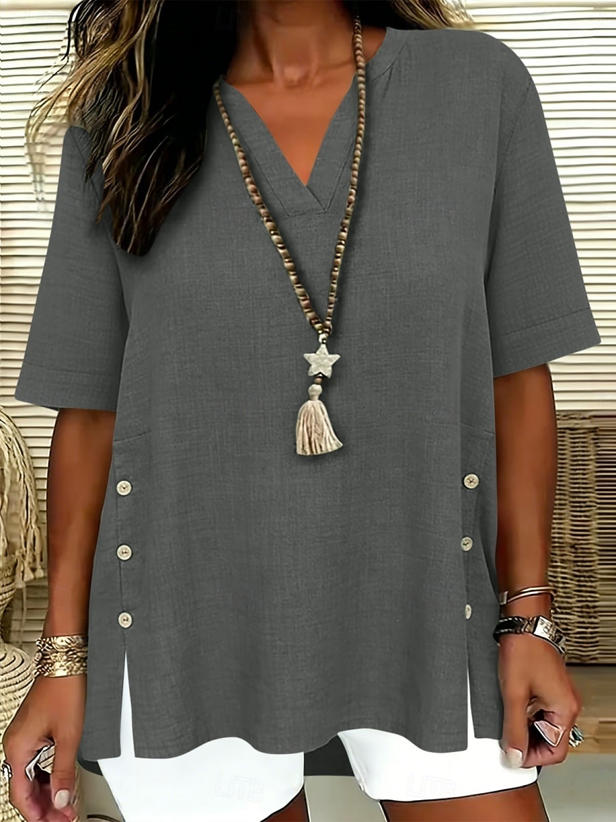 Dames Overhemden met linnenlook Blouse Overhemd van imitatie linnen Knop Effen Kleur Dagelijks Stijlvol Basic Halve mouw V-hals Normale tops Dagelijks blauw Zwart Geel Rood Paars Zomer Lente Herfst 2026 - $22.99 –P13