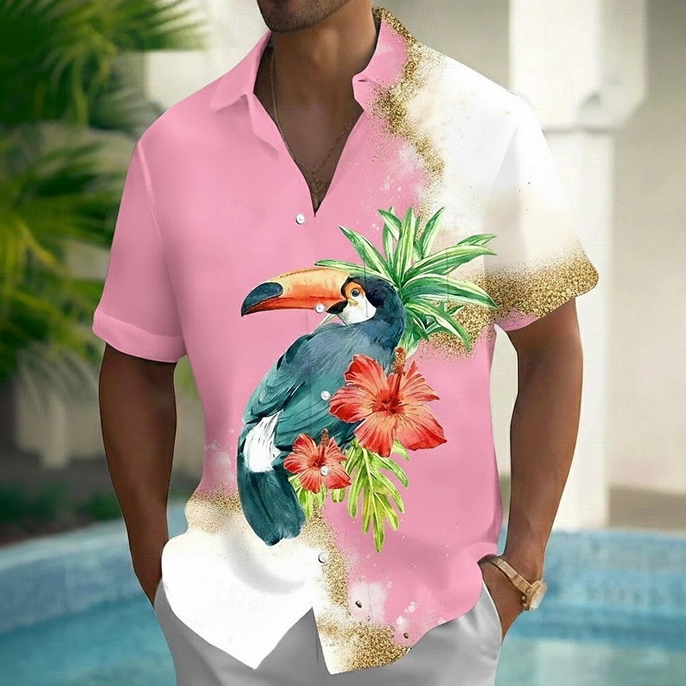 Voor heren Tropische bloemen Kleurblokkering Toekans Hawaiiaans overhemd Overhemd met knopen Aloha-shirt Korte mouw Hawaii Strandvakantie Zomer Lente Strijkijzer 3D-afdrukken shirts met kraag Voorste 2026 - $25.99 –P4