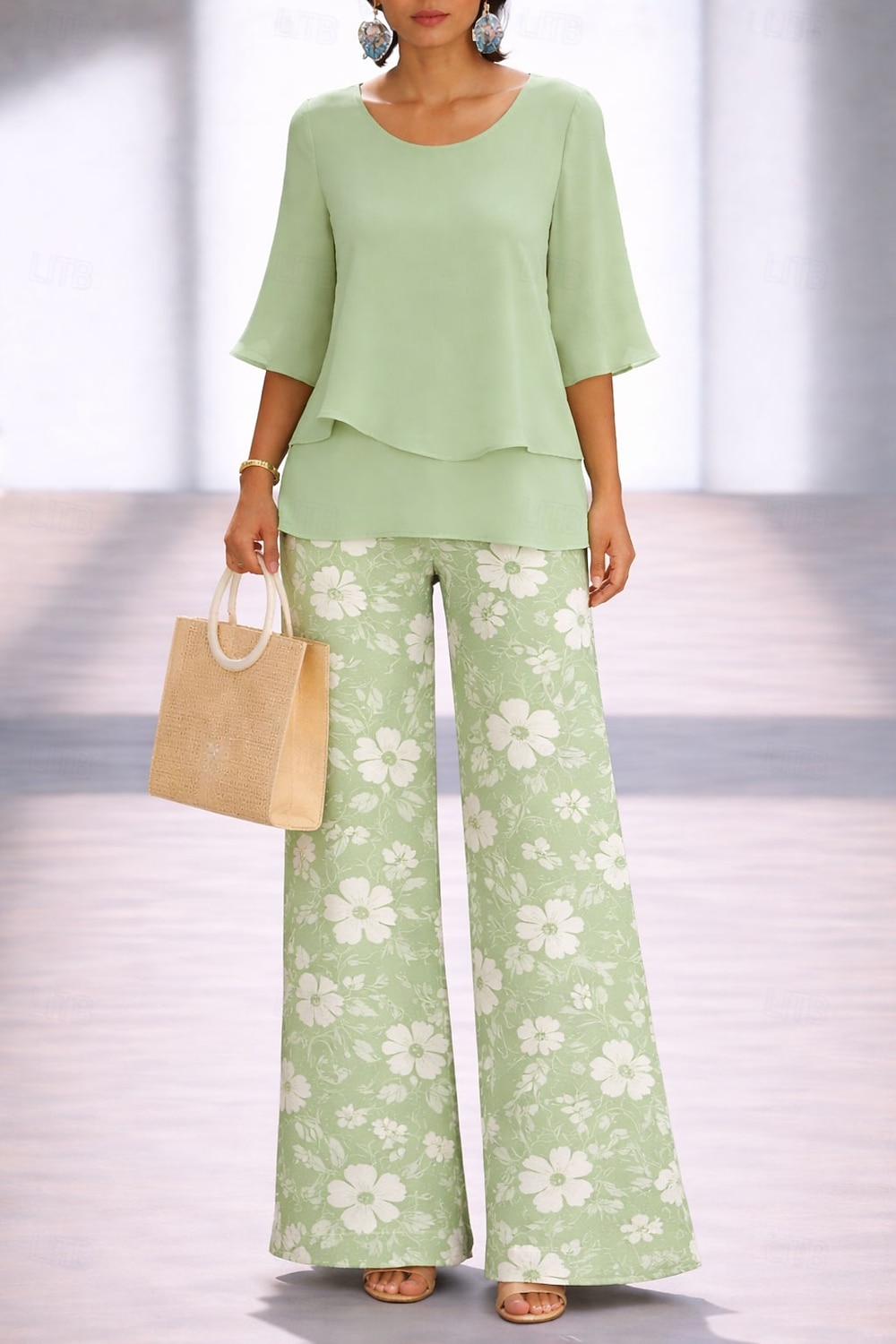 Dames Broeken Sets Halve mouw Vlinder Ronde hals Grafisch Geometrisch Elegant Vakantie Casual Dagelijks Paars Groen Beige Lente zomer Ruim Passend 2026 - $48.99 –P3