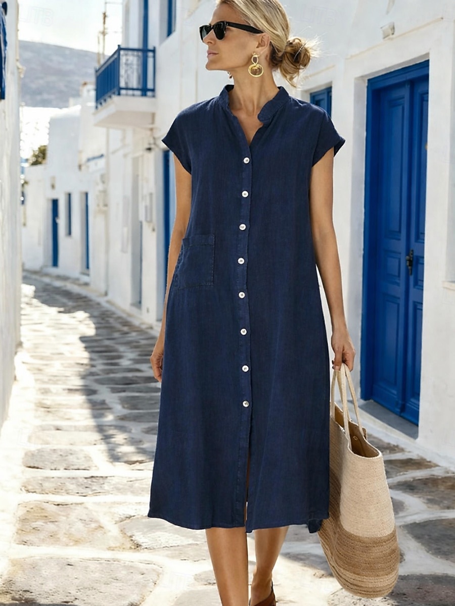 Femmes Robe Midi Robe fourreau Robe d'été Occasionnel Quotidien Coupe Ample Uni Manche Courte Col haut Vin bleu marine Gris Été de 2026 ? $33.99 –P1