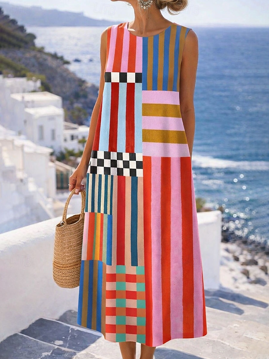 Mulheres Vestido midi Vestido de turno Vestidos Para o Verão Vestido A Line Férias Casual Boho Praia Festa Normal Floral Gráfico Sem Manga Gola Redonda Azul Amarelo Rosa Vermelho Verão Primavera de 2026 por $37.99 –P4