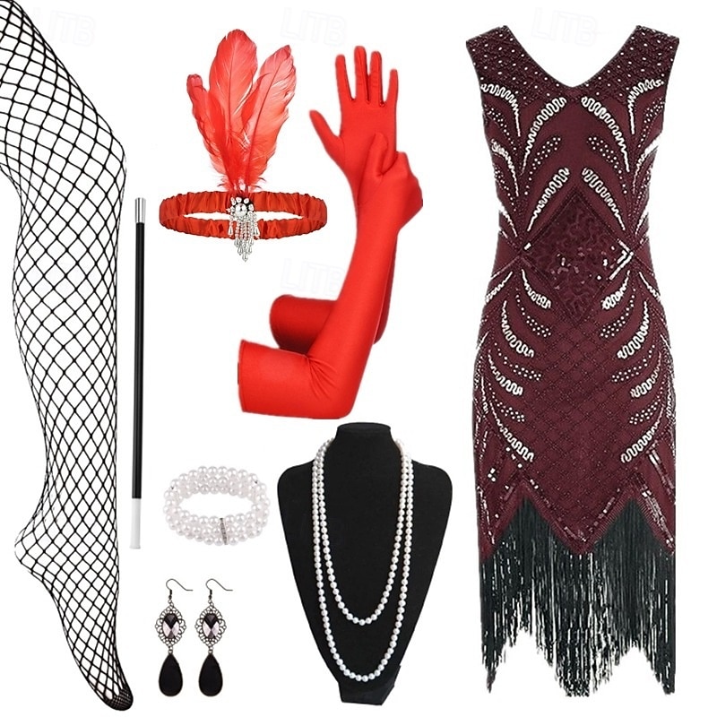 Set Anni Ruggenti Anni 1920 Lunghezza al ginocchio Vestito Abito Flapper Abiti con accessori Senza maniche Il grande Gatsby Charleston Taglie Forti Frangia con nappe Scollo a V Costume Per donna del 2026 a $62.99 –P1